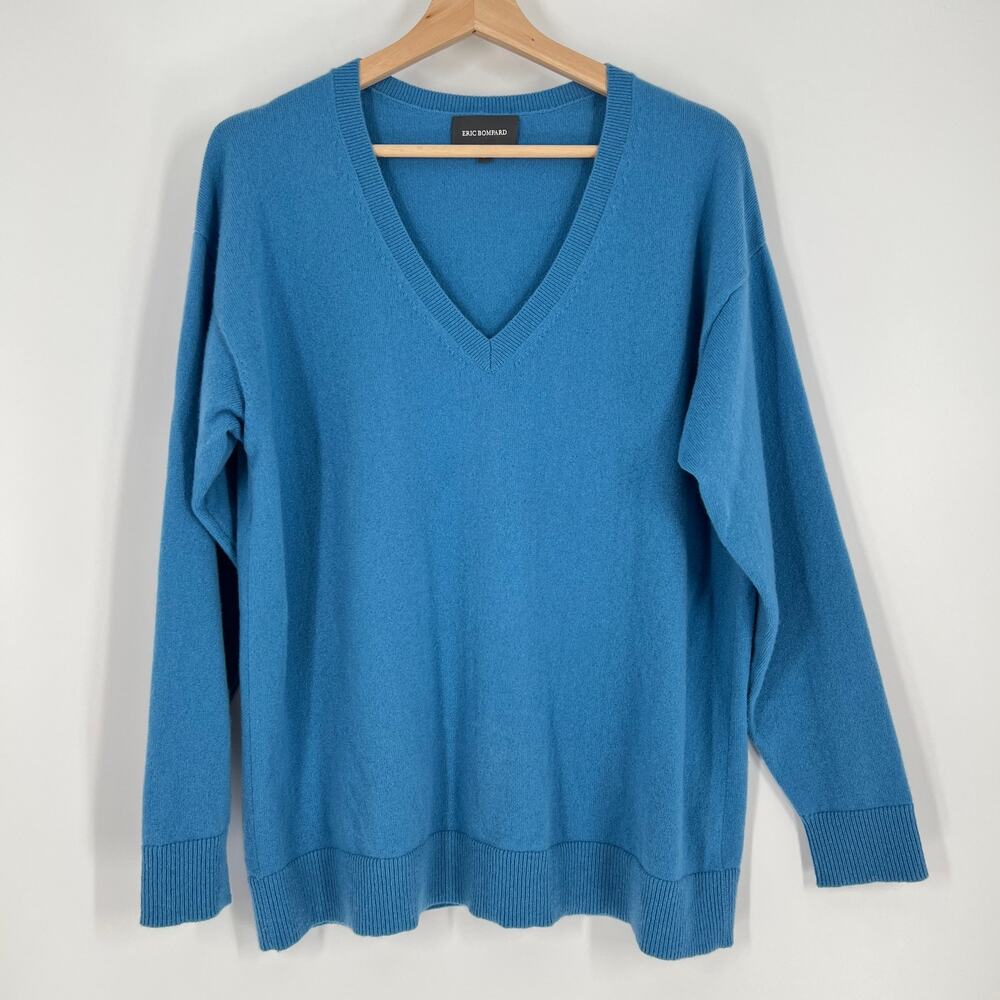 Eric Bompard Cashmere Sweater Womens Medium Blue Lightweight Loose Fit V Neck